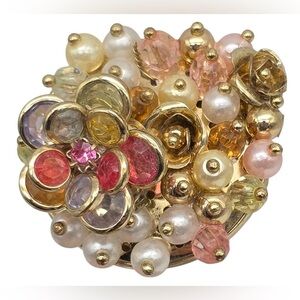 Vintage Gold Tone Floral Cluster Ring Faux Pearl Crystal Couture Statement